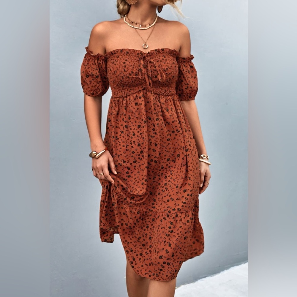 Ditsy Floral Smocked Frill Trim Off-Shoulder Dress - Picture 3 of 6